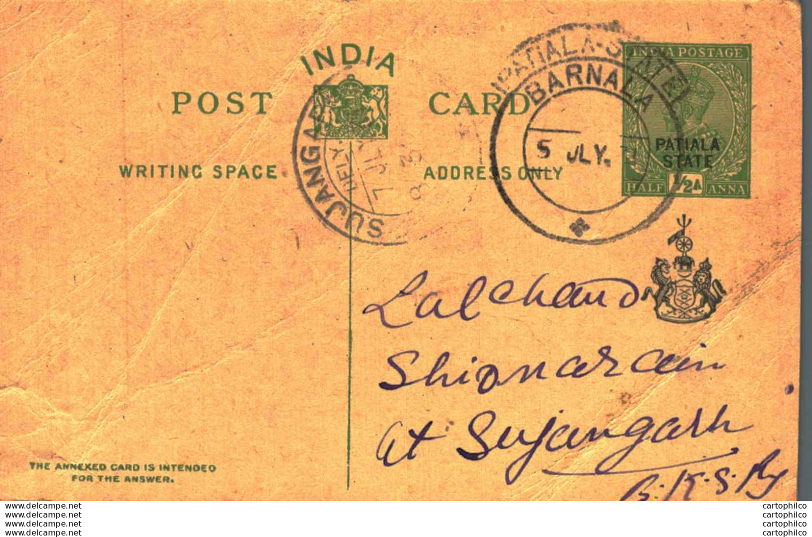 India Postal Patiala Stationery George V 1/2 A Sujangarh Cds Barnala Cds - Patiala