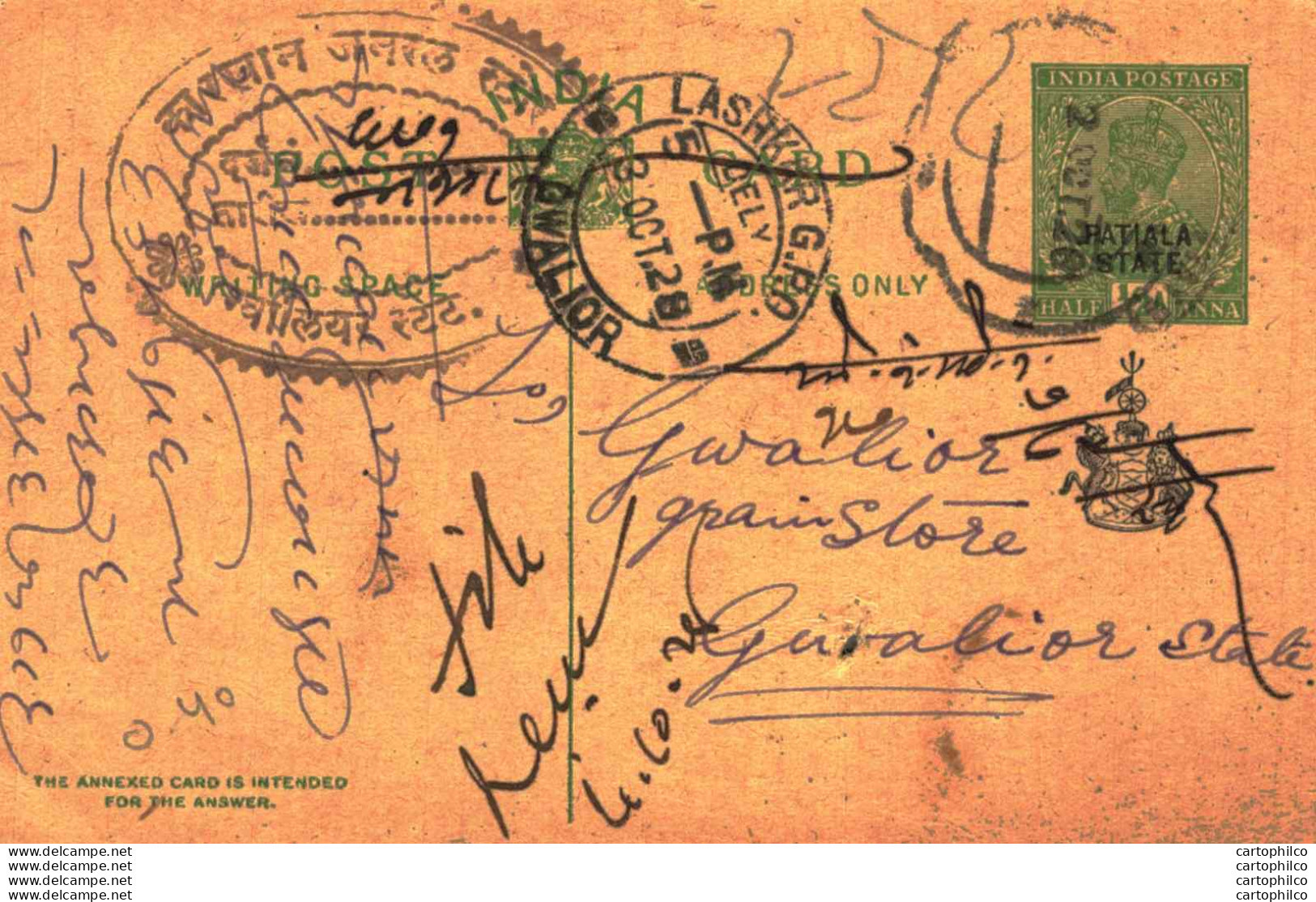 India Postal Patiala Stationery George V 1/2 A Lashkar GPO Gwalior Cds Calcutta - Patiala