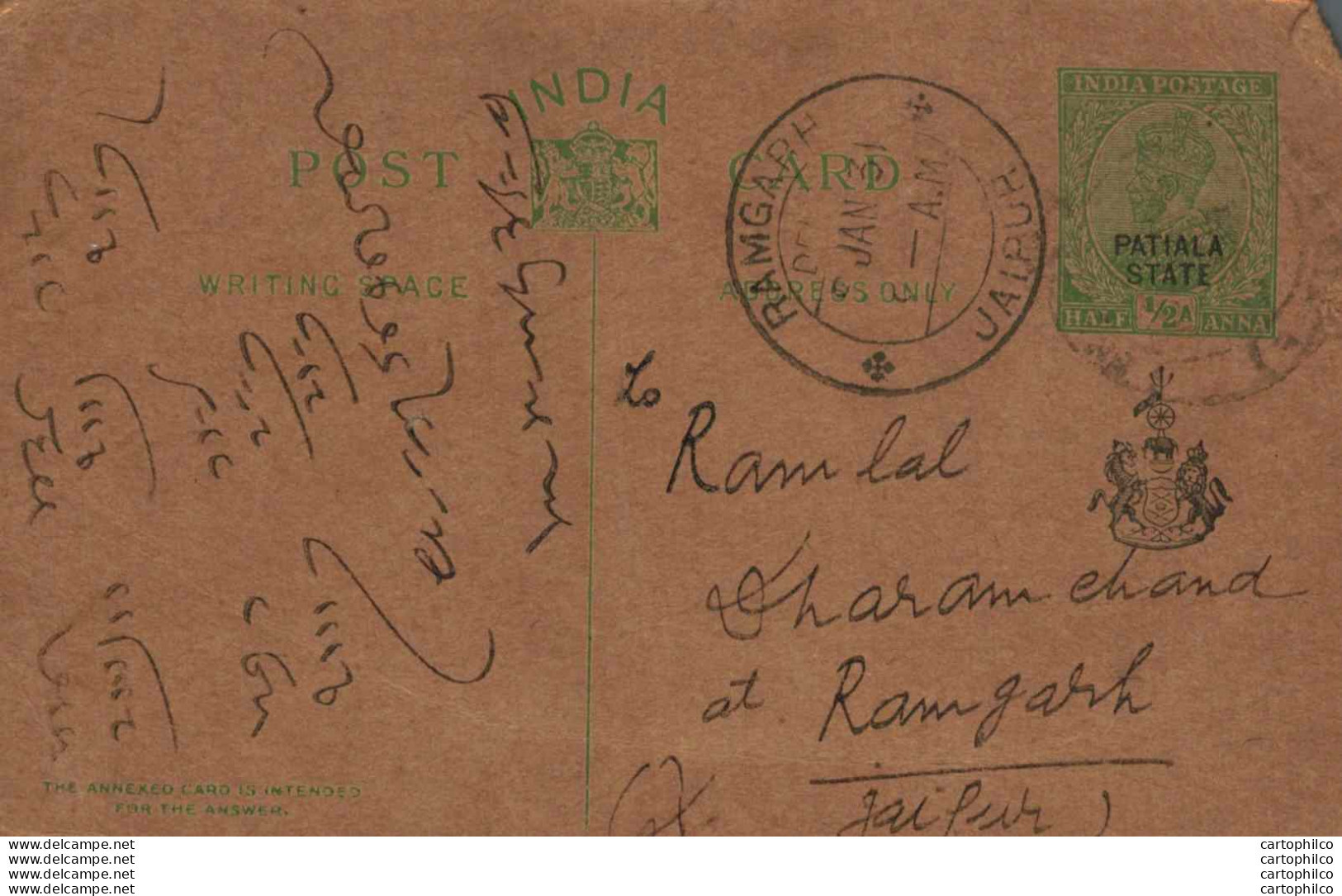 India Postal Patiala Stationery George V 1/2 A Ramgarh Jaipur Cds - Patiala