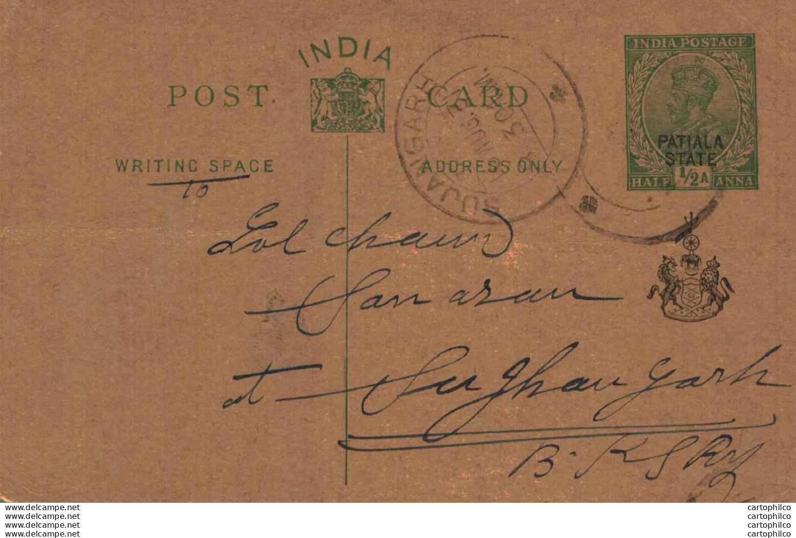 India Postal Patiala Stationery George V 1/2 A Sujangarh Cds - Patiala