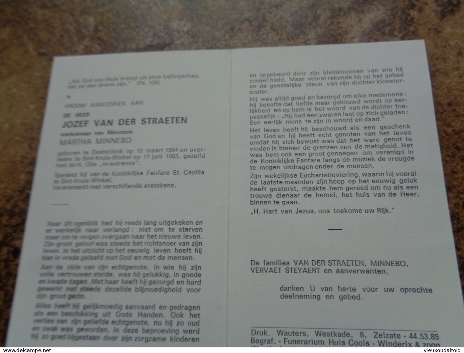 Doodsprentje/Bidprentje  JOZEF VAN DER STRAETEN   Desteldonk 1894-1983 St Kruis Winkel  (Wdr Martha MINNEBO) - Religión & Esoterismo
