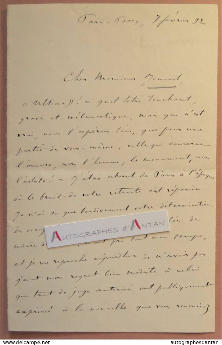 ● L.A.S 1892 Eugène MANUEL Paris Passy - Poète Professeur & Politique - Damase JOUAUST Imprimeur Libraire - Lettre - Schriftsteller
