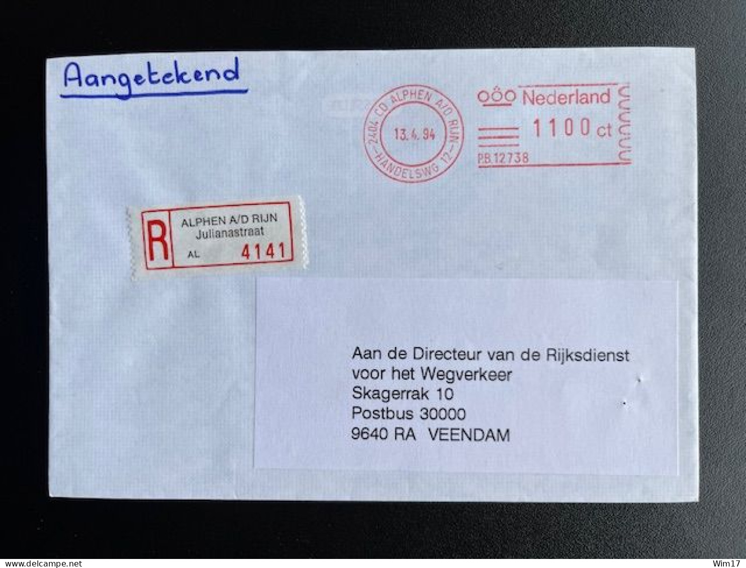NETHERLANDS 1994 REGISTERED LETTER ALPHEN AAN DEN RIJN JULIANASTRAAT TO VEENDAM 13-04-1994 NEDERLAND AANGETEKEND - Storia Postale