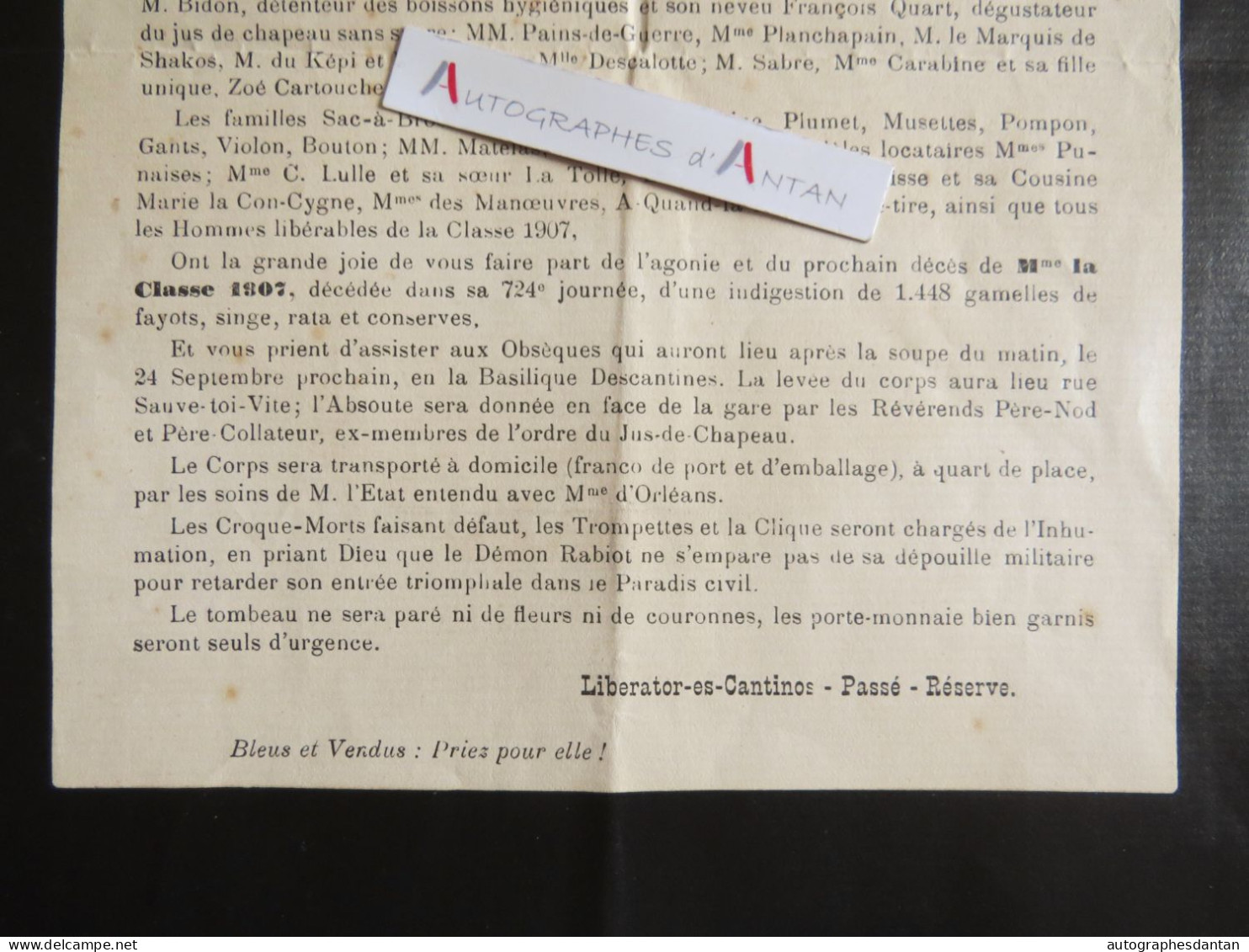 ● Humour : étonnant Vieux Faire Part De Décès De Mme La CLASSE 1807 Familles Tape Cul Etc... Document Humoristique Rare - Obituary Notices