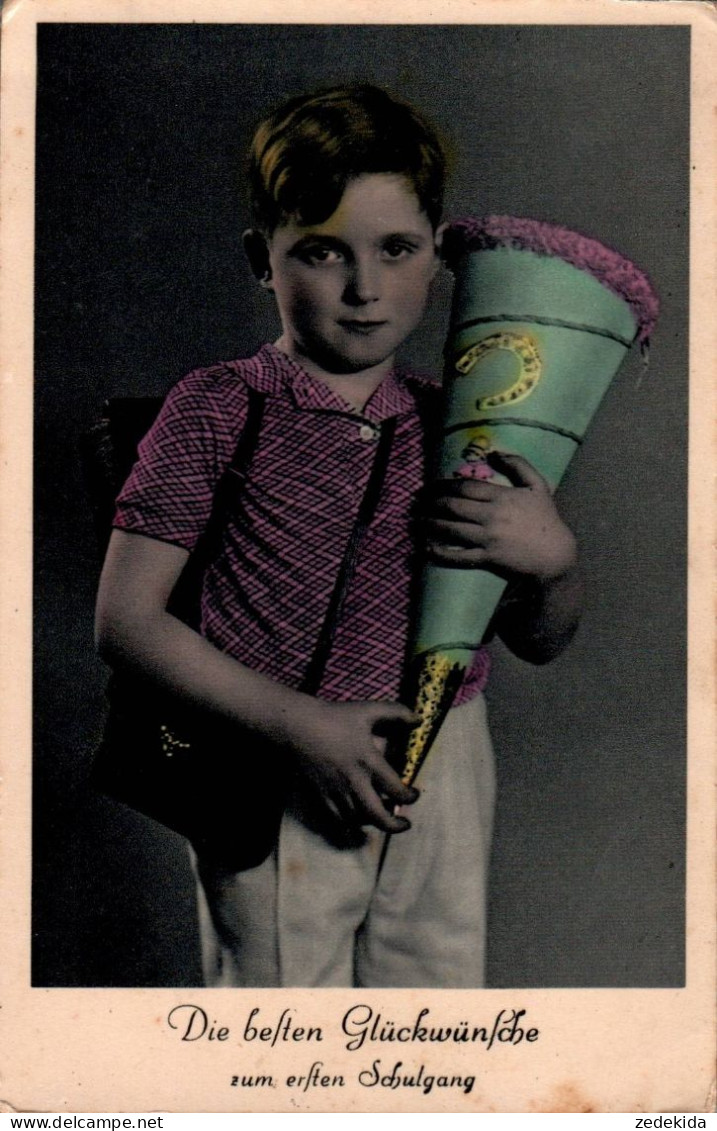 H2047 - Glückwunschkarte Schulanfang - Kleiner Junge Zuckertüte - Koloriert - Primo Giorno Di Scuola