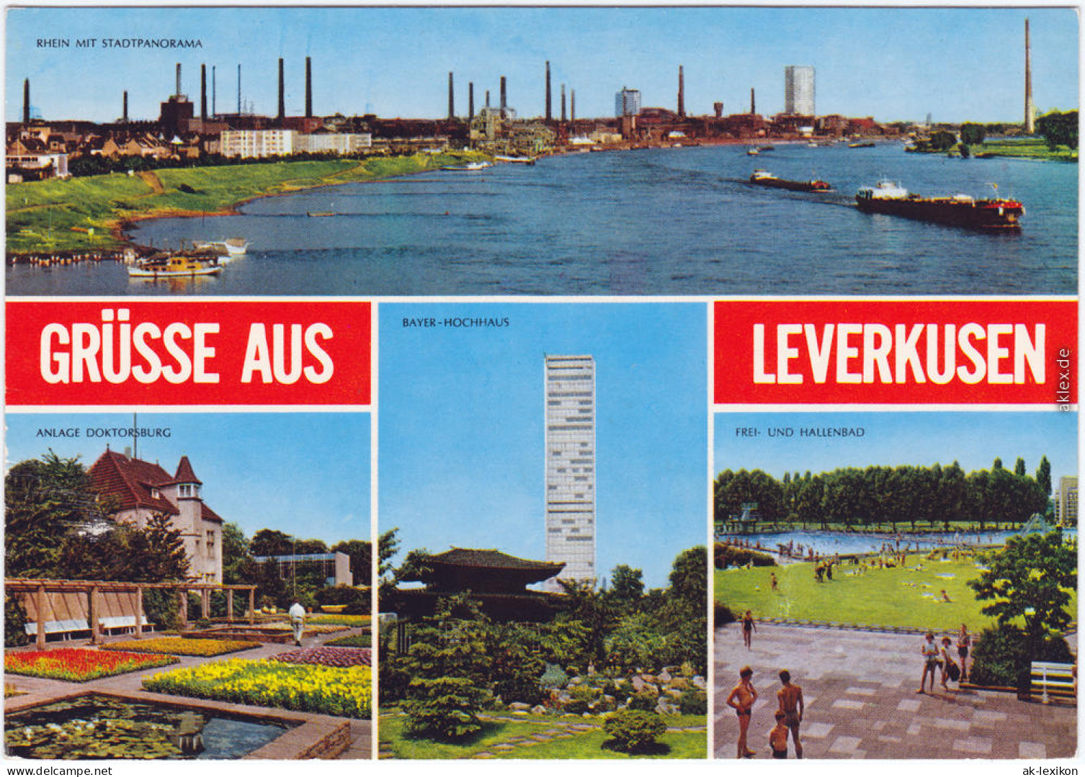 Leverkusen Panorama, Bayer-Hochhaus, Doktorsburg, Schwimmbad 1977  - Leverkusen