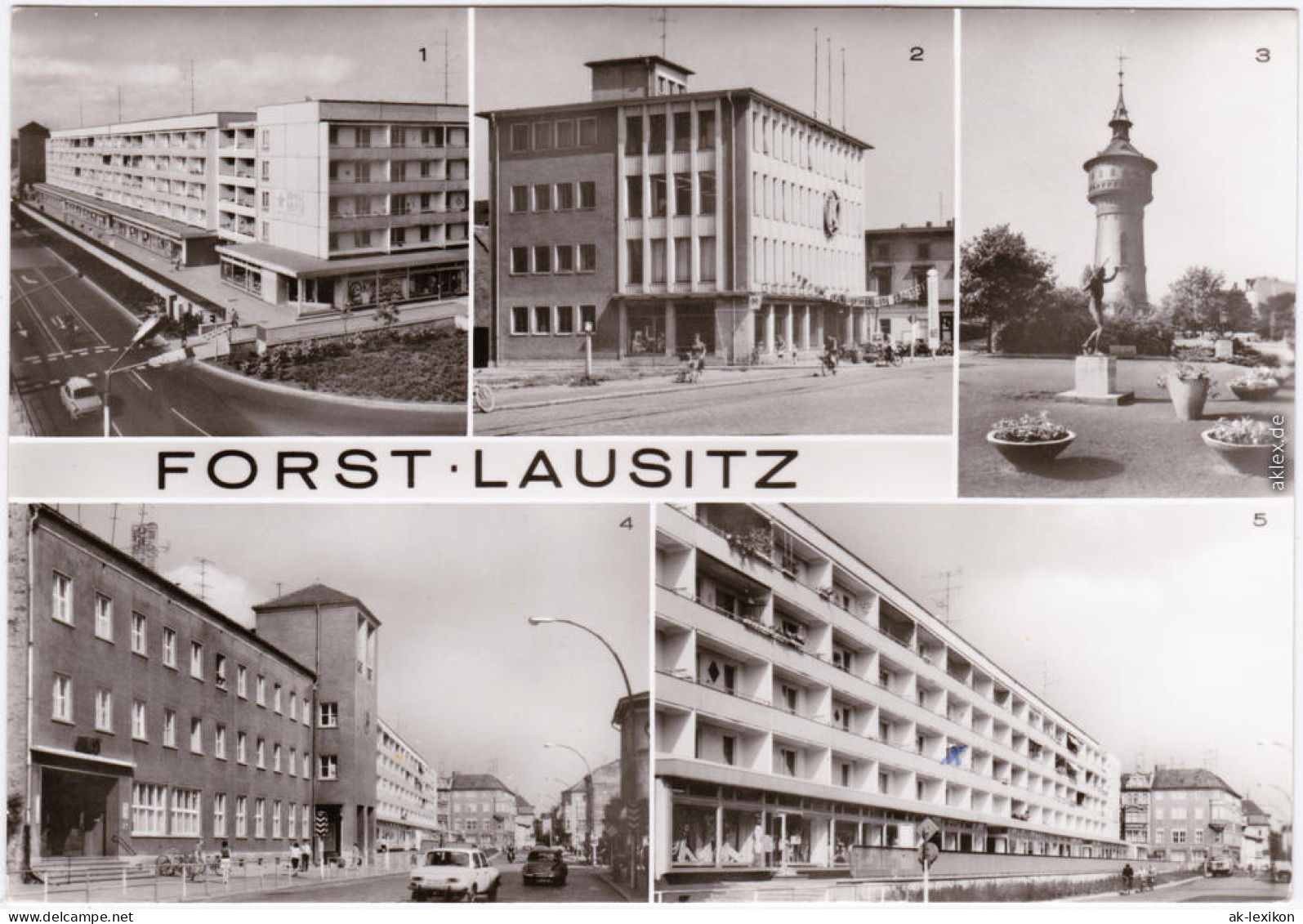 Forst (Lausitz)  Berliner Straße, Konsum-Kaufhaus, Wasserturm, Post, Autos 1983 - Forst
