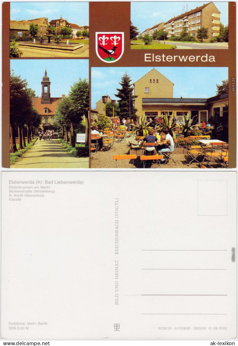 Elsterwerda Wikow Elsterbrunnen, Markt, Blumenstraße, Oberschule, Café 1981 - Elsterwerda