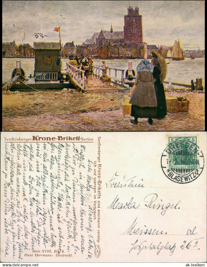 Postkaart Dordrecht Künstlerkarte Anleger Und Stadt 1916  - Other & Unclassified
