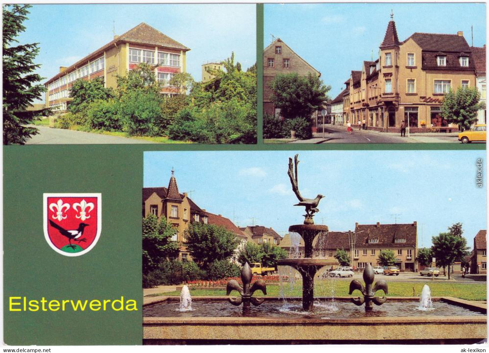 Elsterwerda Wikow Oberschule, Hauptstraße, Elsterbrunnen Am Markt 1981 - Elsterwerda