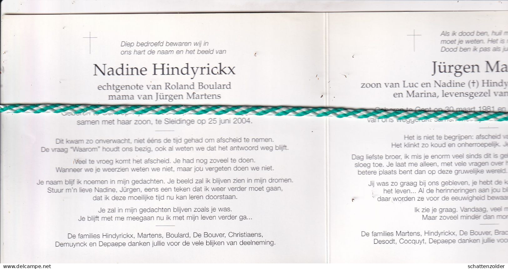 Nadine Hindyrickx-Boulard (Gent 1959) En Zoon Jürgen Martens (Gent,1981); Sleidinge 2004. Foto - Obituary Notices
