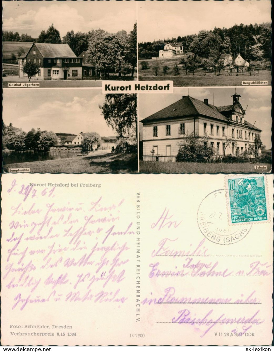 Hetzdorf-Halsbrücke Gasthof Jägerhorn, Bergschlößchen, Sumpfmühle, Schule G1961 - Hetzdorf