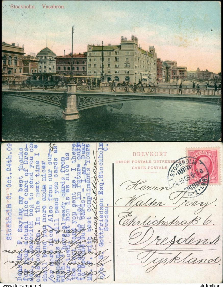 Postcard Stockholm Straße, Straßenbahn Vasabron 1909  - Schweden