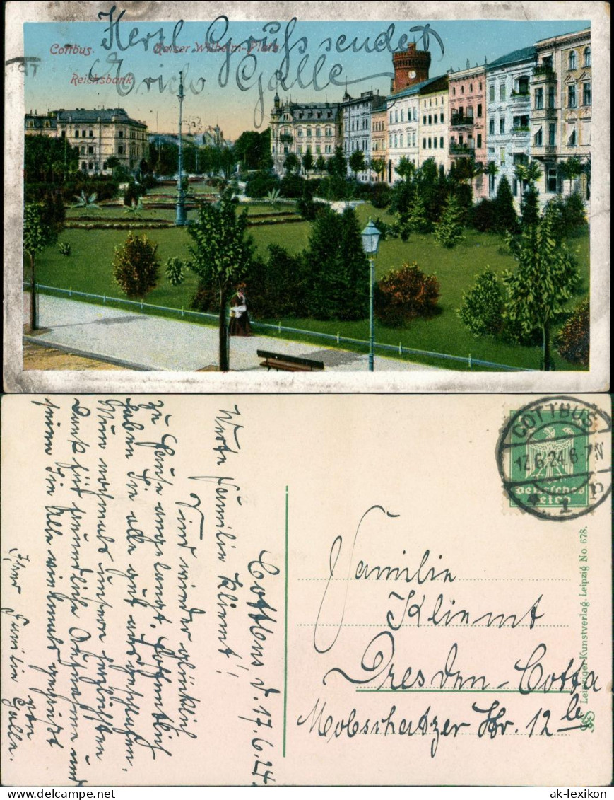 Ansichtskarte Cottbus Partie Am Kaiser Wilhelm Platz - Reichsbank 1924  - Cottbus