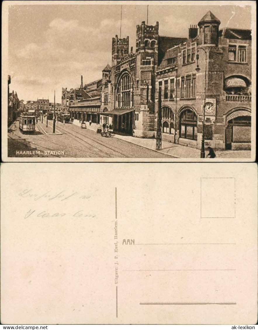 Postkaart Haarlem Station/Bahnhof, Straße - Straßenbahn 1928  - Haarlem