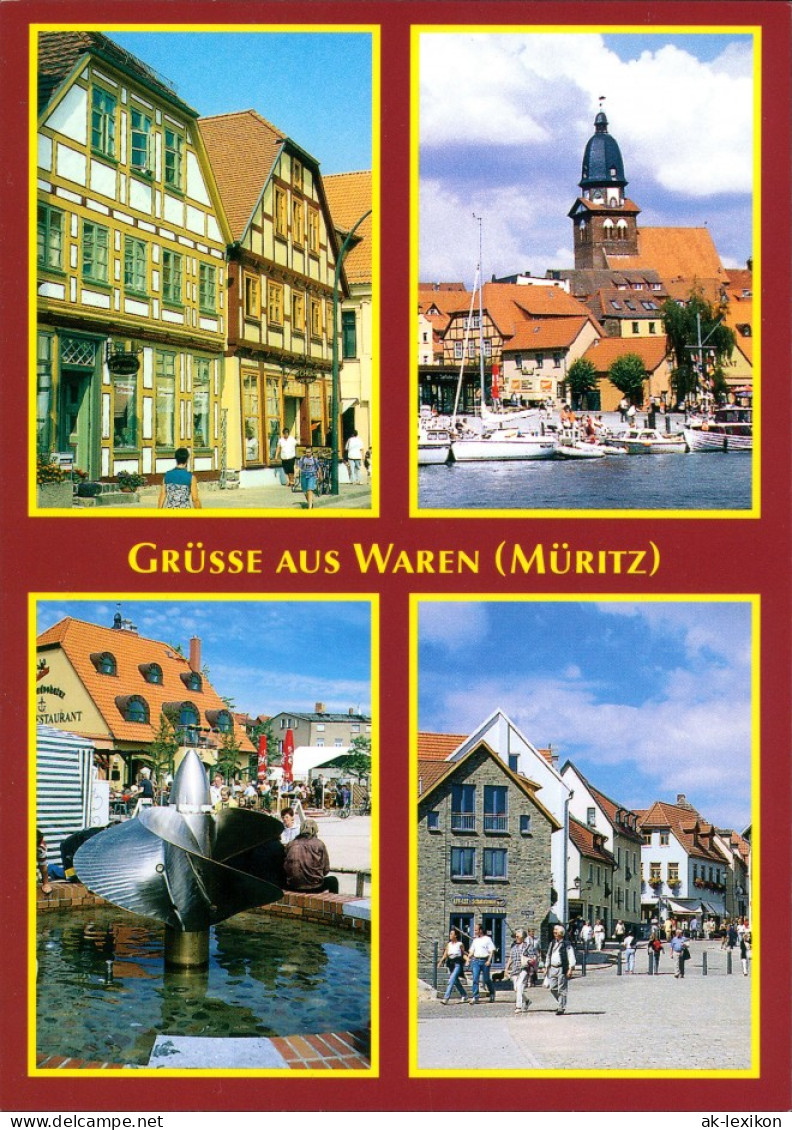 Ansichtskarte Waren (Müritz) Fachwerkhäuser, Hafen, Kirche, Brunnen 2000 - Waren (Müritz)
