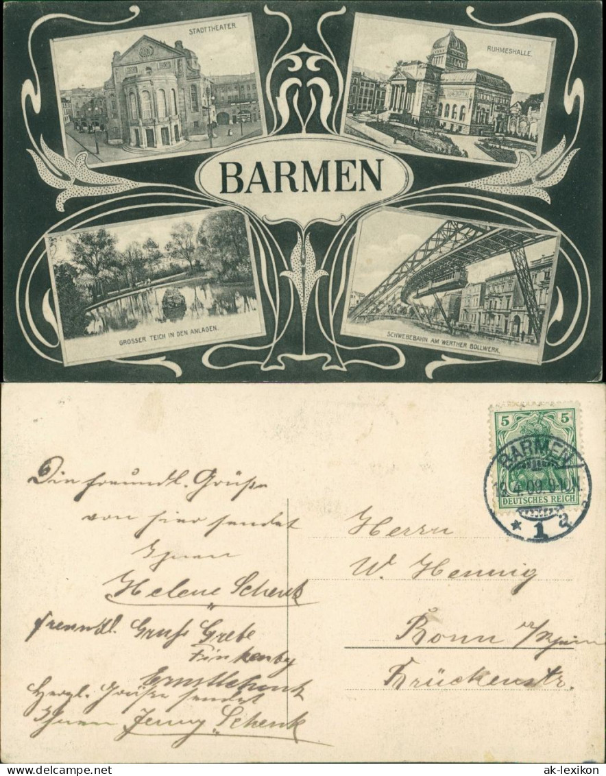 Barmen-Wuppertal Jugenstil AK: Theater, Ruhmeshalle, Schwebebahn 1909  - Wuppertal