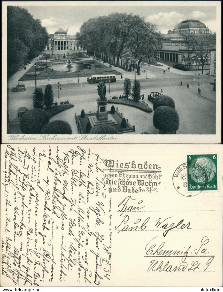 Wiesbaden Hessisches Staatstheater, Kurhaus, Vorbeifahrender Bus 1934 - Wiesbaden