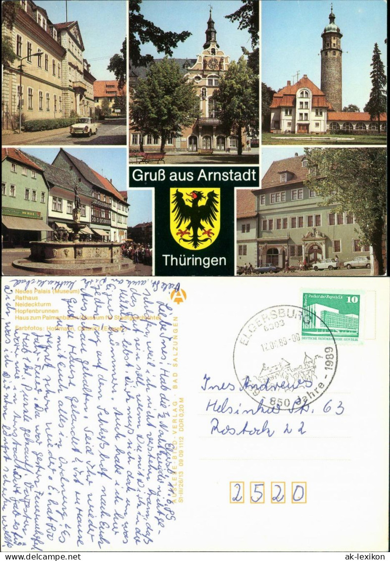 Ansichtskarte Arnstadt Neues Palais, Rathaus, Neideckturm, Hopfenbrunnen 1989 - Arnstadt