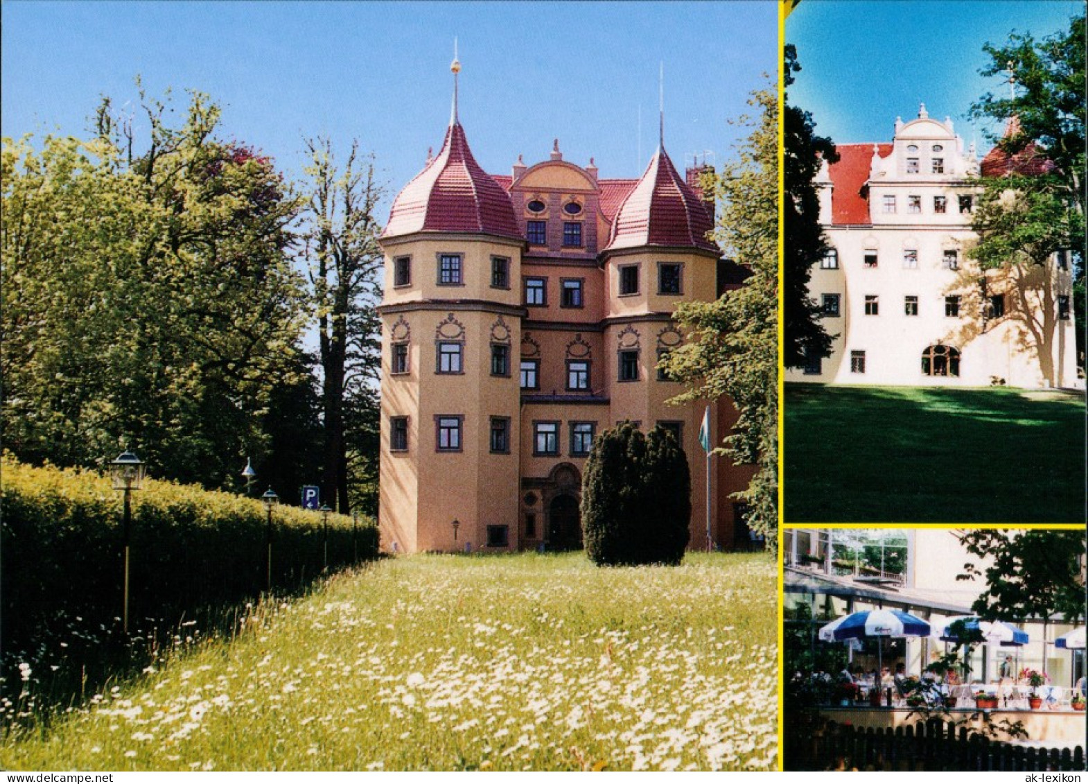 Ansichtskarte Bertsdorf-Hörnitz Schloßhotel, Terrasse, Blumenwiese 1995 - Bertsdorf-Hoernitz