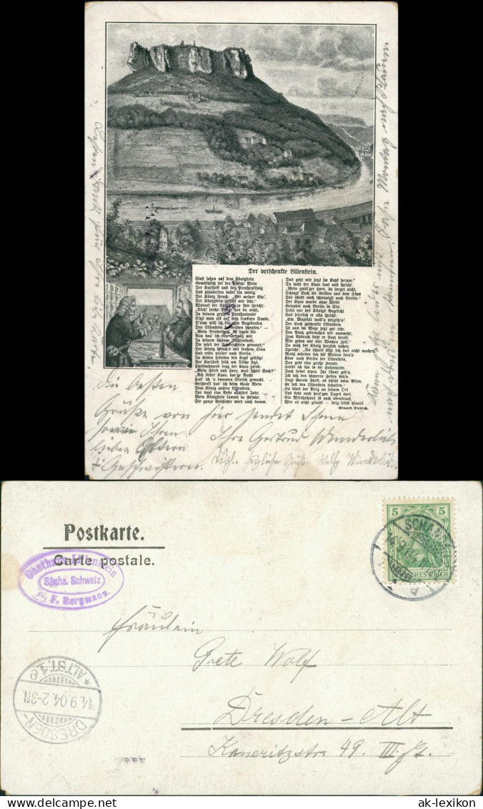 Ansichtskarte Porschdorf-Bad Schandau 2 Bild Künstlerkarte Lilienstein 1904 - Bad Schandau