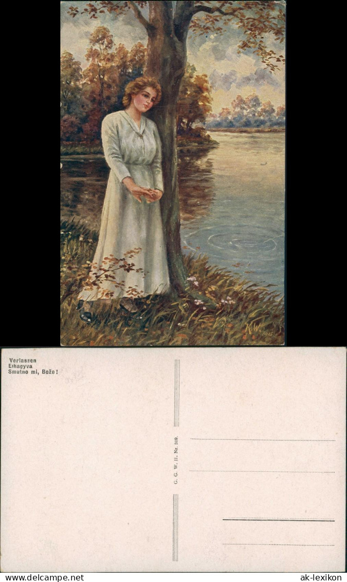 Ansichtskarte  Künstlerkarte "Verlassen" Frau Sehnsüchtig, Art Postcard 1920 - Personen