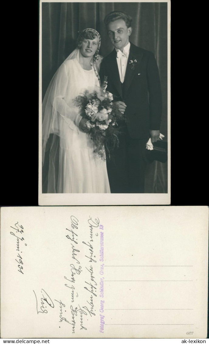 Hochzeit Echtfoto-AK Paar Braut Bräutigam Atelierphoto Aus GRAZ 1931 Privatfoto - Marriages