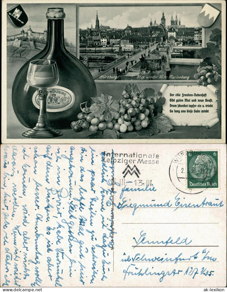 Ansichtskarte Würzburg Weinflasche, Reben - Stadt 1936 - Wuerzburg