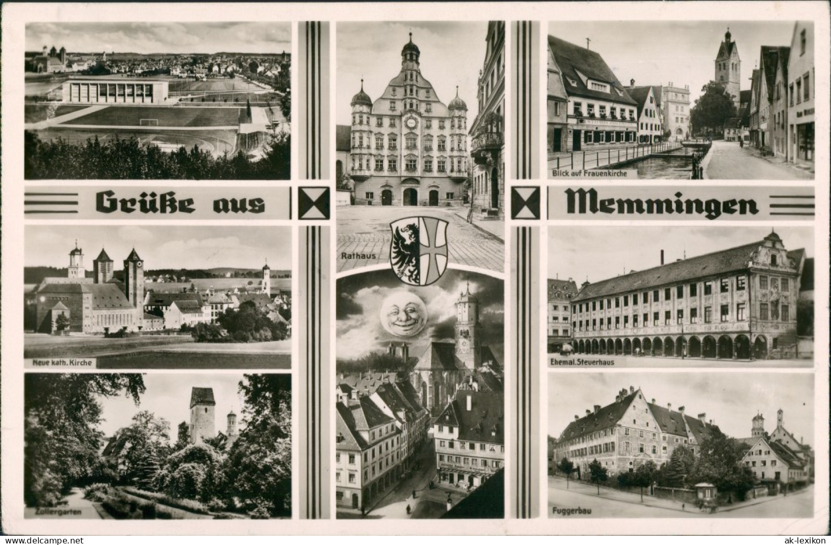 Ansichtskarte Memmingen MB Stadion, Rathaus, Lachender Mond 1954 - Memmingen