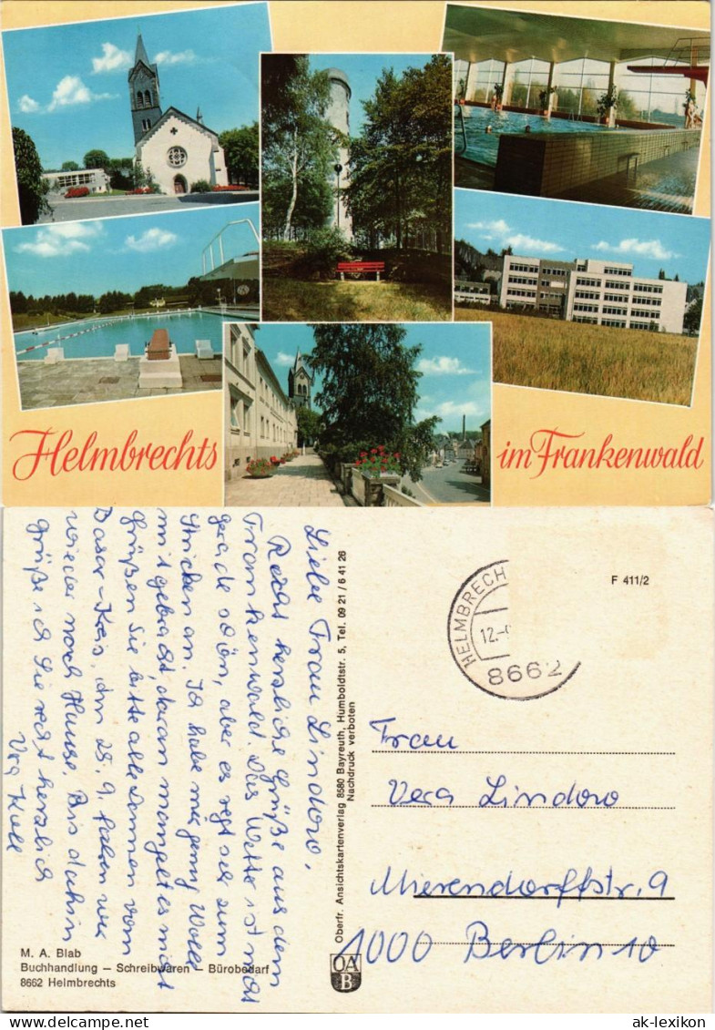 Ansichtskarte Helmbrechts MB: Kirche, Schwimmbad, Straße 1979 - Helmbrechts