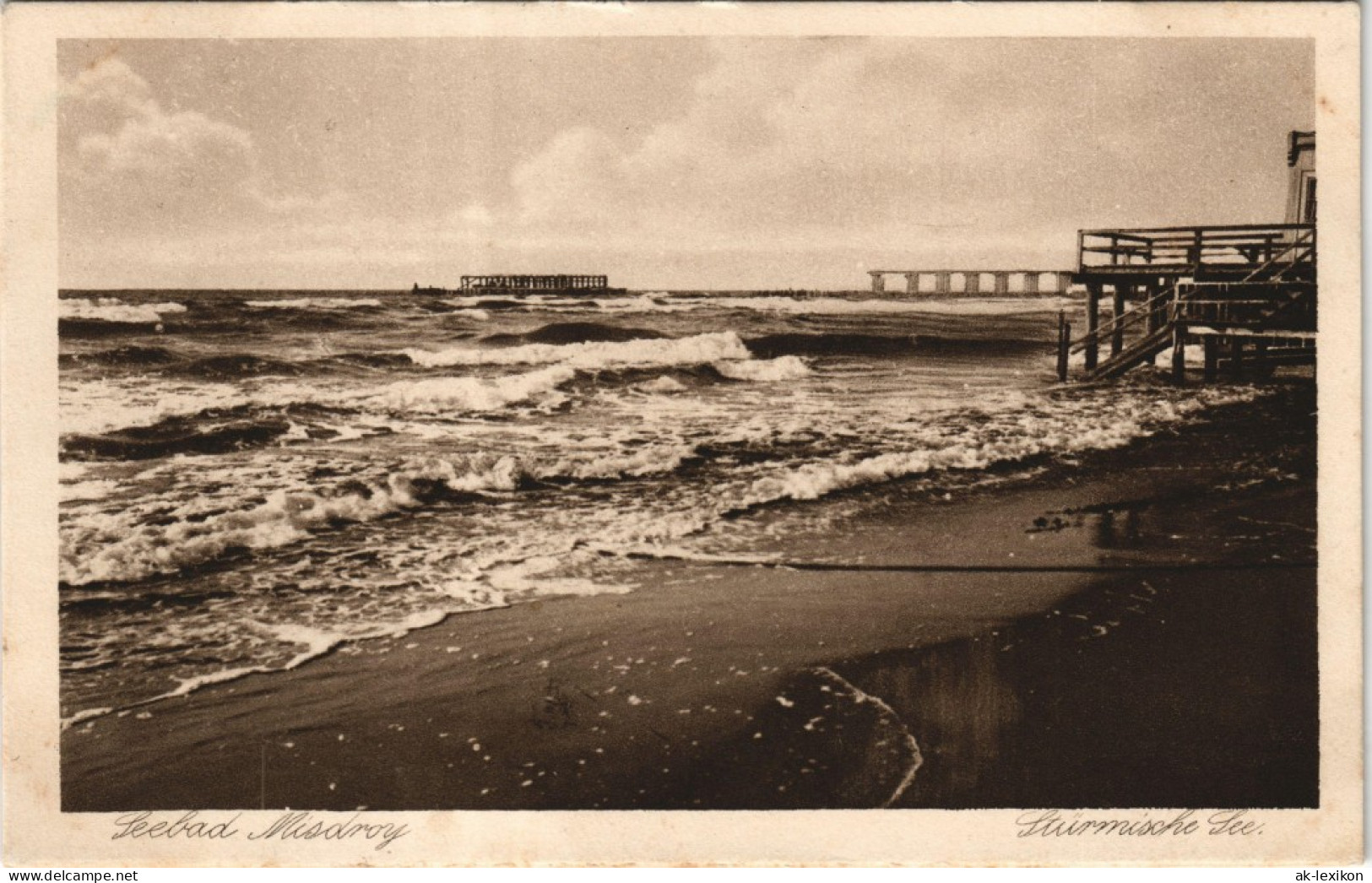 Misdroy Mi&#281;dzyzdroje Strand, Seebrücke - Stürmische See 1928 - Pommern