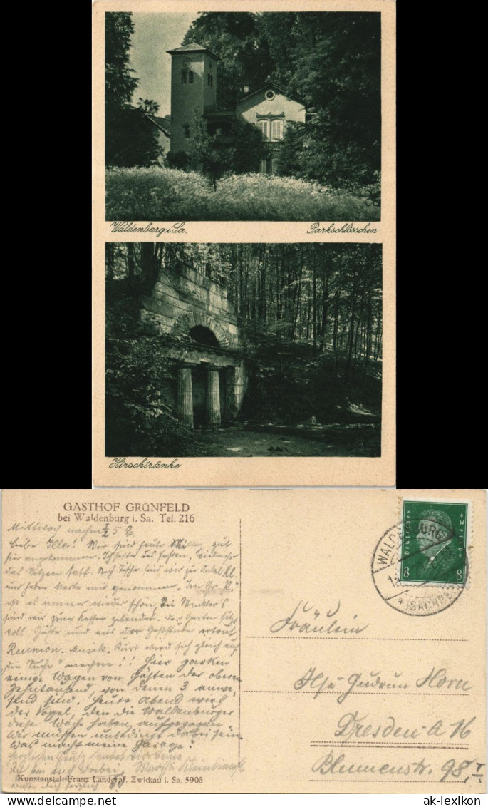 Ansichtskarte Waldenburg (Sachsen) 2 Bild Hirschtränke, Parkschlößchen 1929 - Waldenburg (Sachsen)