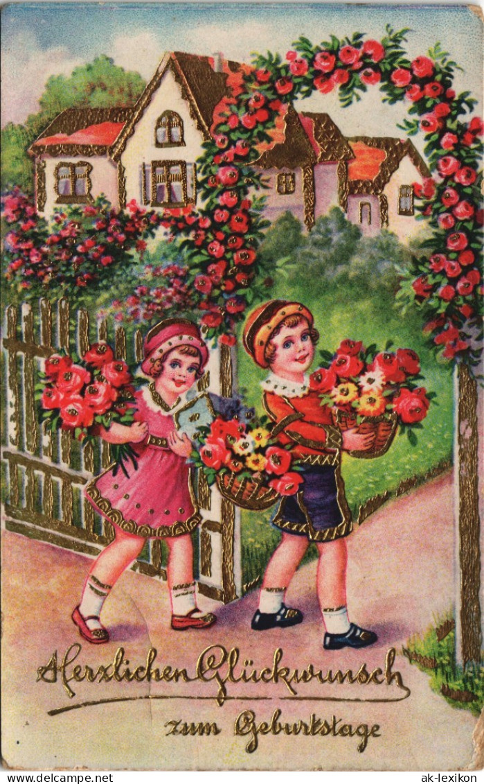 Ansichtskarte  Geburtstag Kinder Mit Rosen Goldprägekarte 1913 Goldrand - Geburtstag