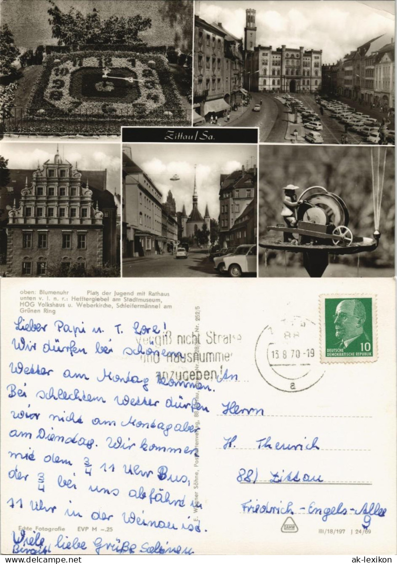 Zittau DDR Mehrbild-AK Blumenuhr, Rathaus, Stadtmuseum, Volkshaus Uvm. 1970/1969 - Zittau