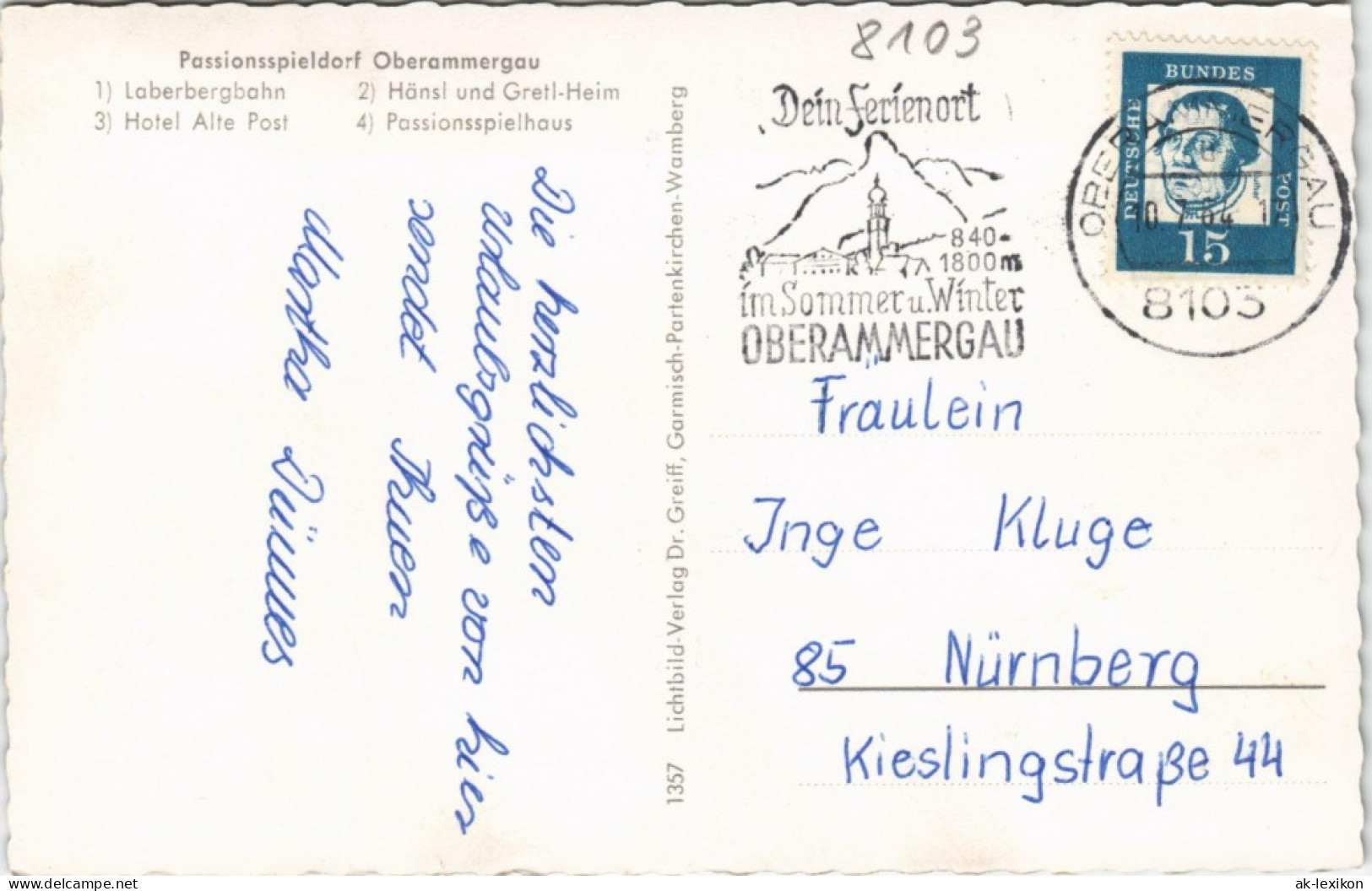 Oberammergau 4 Foto-Ansichten Bergbahn, Hänsl Gretl-Heim Hotel Alte Post 1964 - Oberammergau