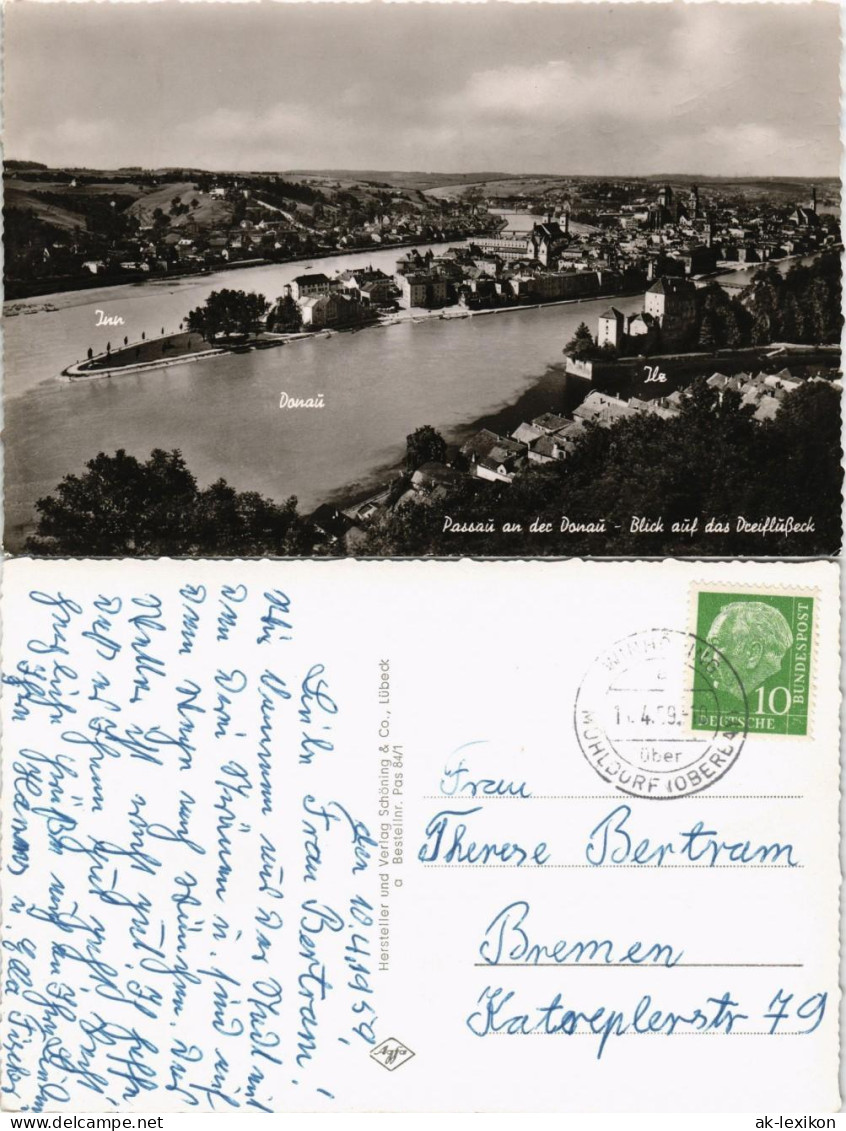 Ansichtskarte Passau Panorama-Ansicht Mit 3-Flüsse-Eck Inn, Donau Ilz 1959 - Passau