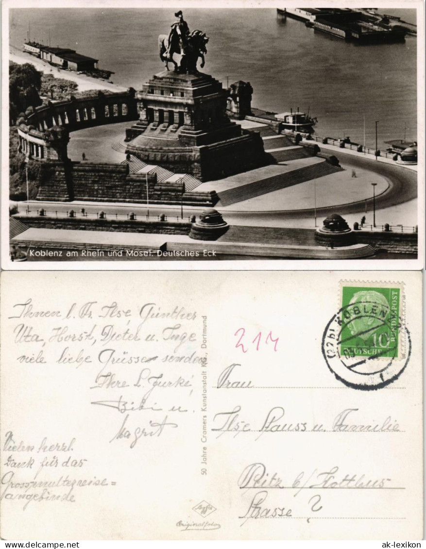 Ansichtskarte Koblenz Deutsches Eck Denkmal Mündung Mosel Rhein 1954 - Koblenz