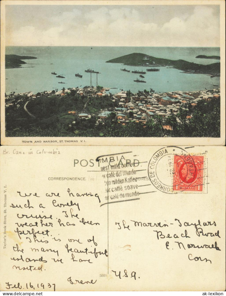Postcard St. Thomas Sankt Thomas Harbour Hafen Virgin Island 1937 - Isole Vergini Americane