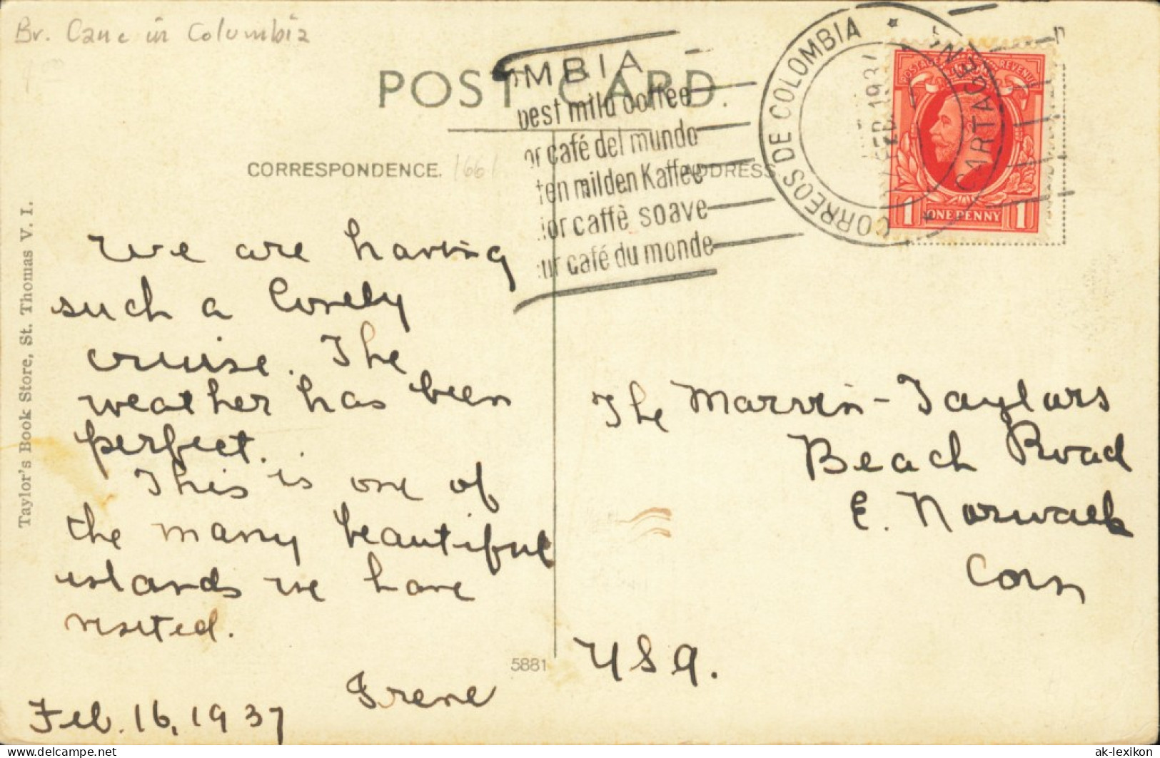 Postcard St. Thomas Sankt Thomas Harbour Hafen Virgin Island 1937 - Amerikaanse Maagdeneilanden