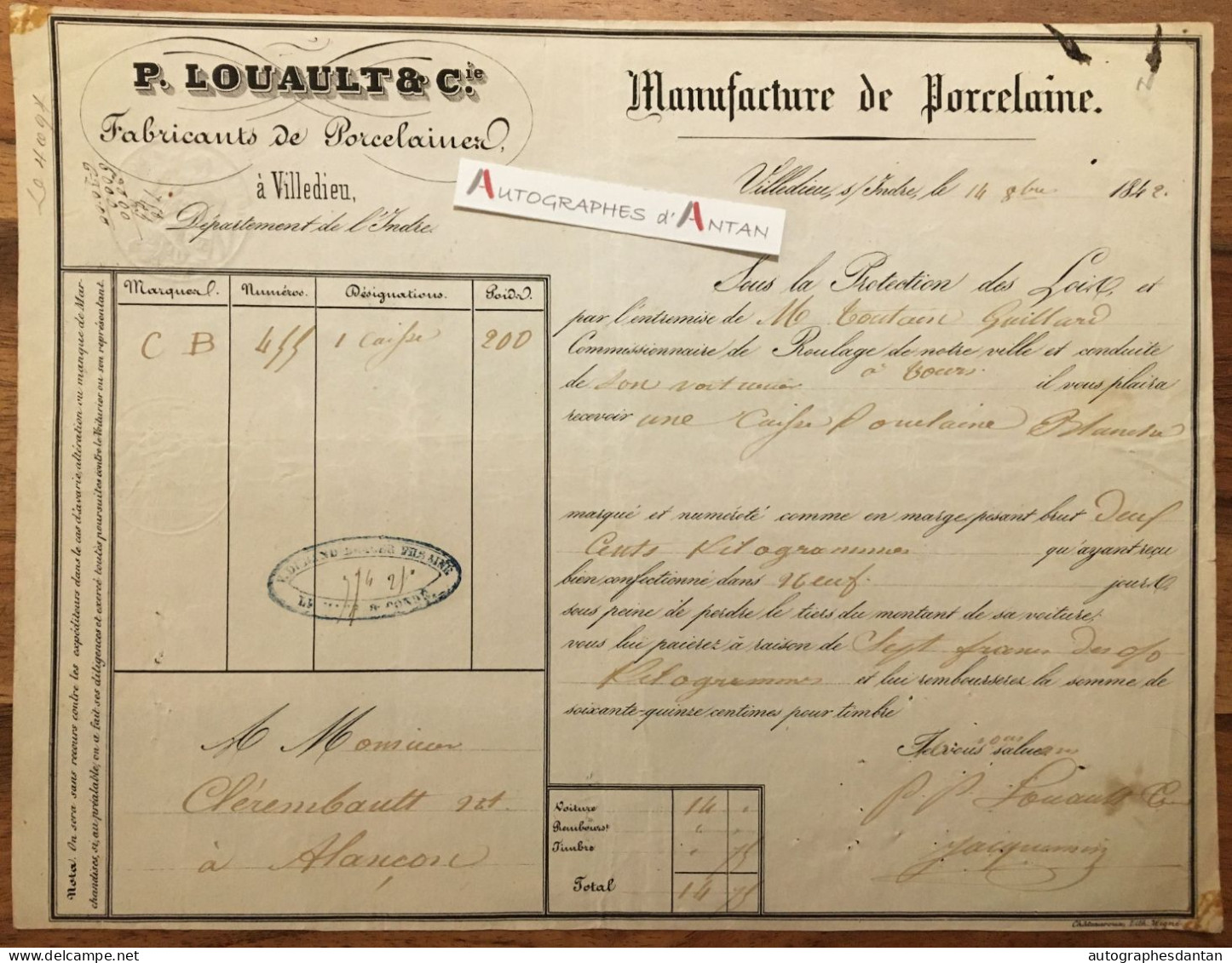 ● P. LOUAULT 1842 Villedieu (Indre) Manufacture De Porcelaine à M. Clerembault à Alençon (Orne) Lettre Voiture / Facture - 1800 – 1899