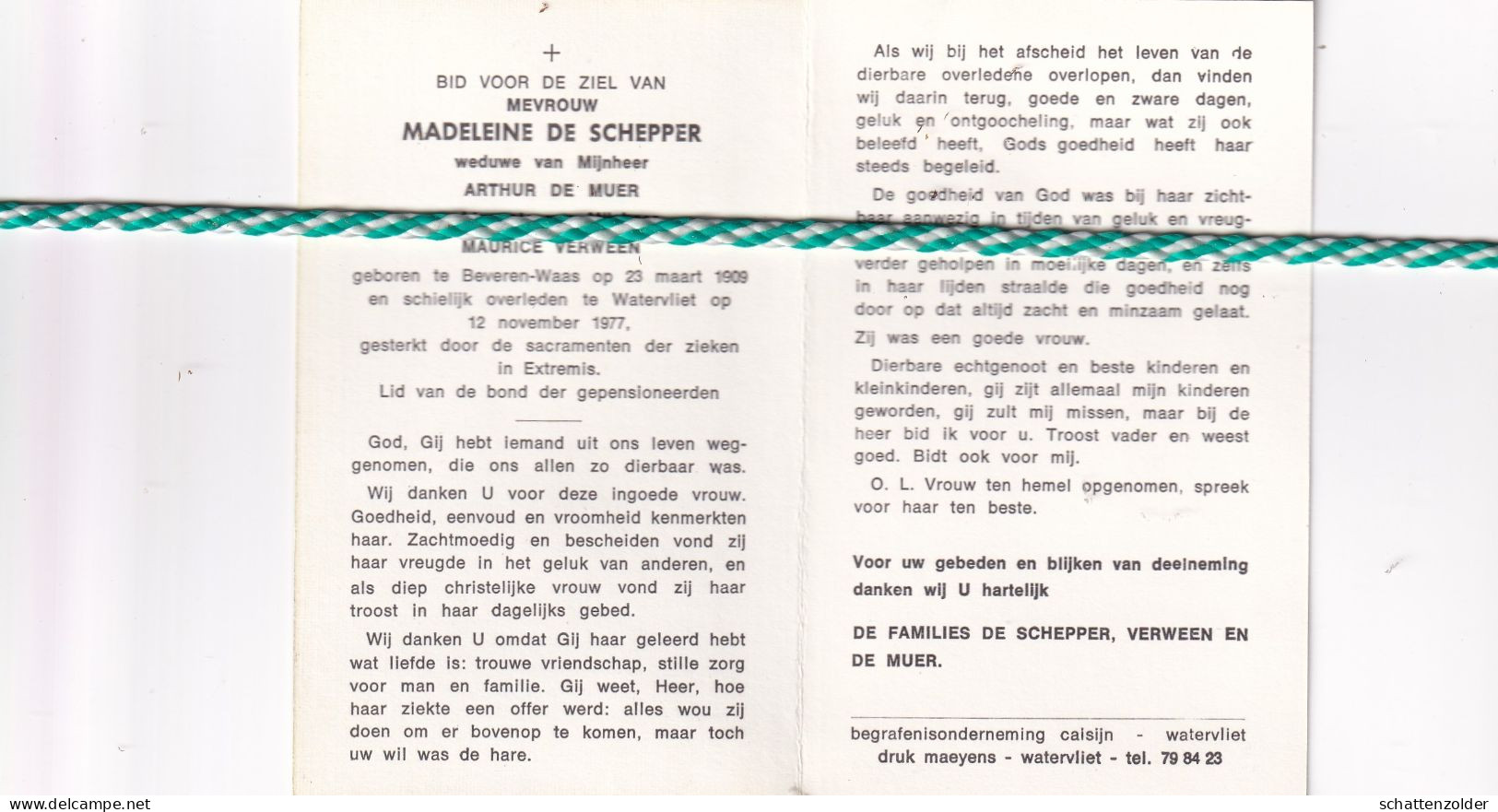 Madeleine De Schepper-De Muer-Verween, Beveren-Waas 1909, Watervliet 1977 - Todesanzeige