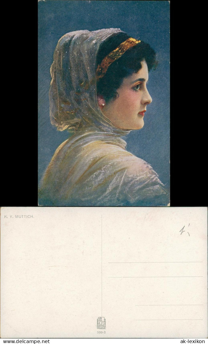Künstlerkarte Künstler MUTTICH Porträt Frau Mit Schleier 1920 - Personen