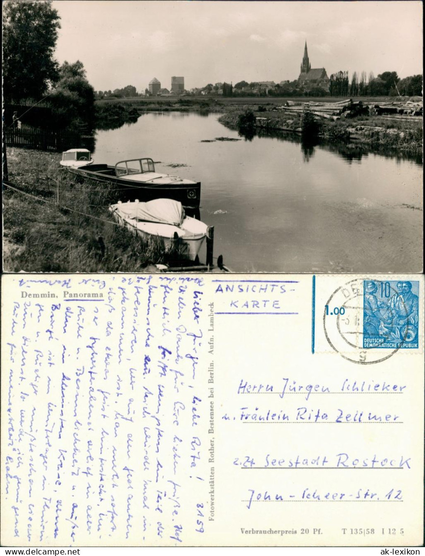 Ansichtskarte Demmin Panorama-Ansicht Kleine Motorboote Am Fluss Ufer 1959 - Demmin