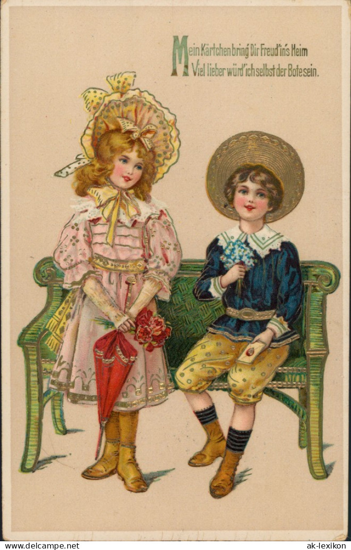 Ansichtskarte  Goldrand Prägekarte Junge Mädchen Liebesbote 1909 Goldrand - Couples