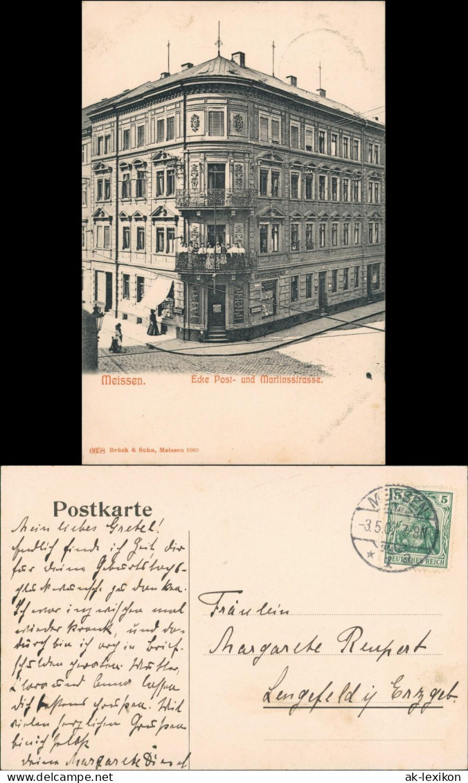 Ansichtskarte Meißen Martinstrasse Ecke Poststraße 1905 - Meissen