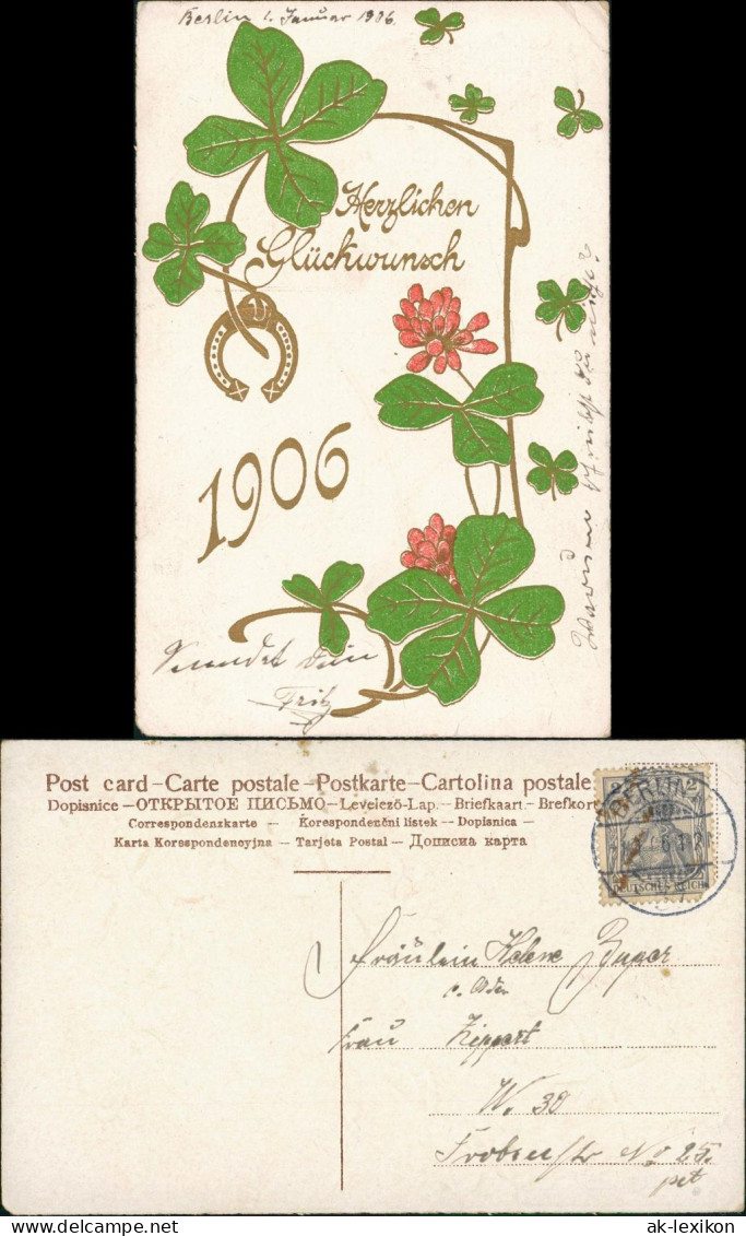 Glückwunsch - Neujahr/Sylvester Jugendtil Ornament Kleeblatt 1906 Goldrand - Nieuwjaar