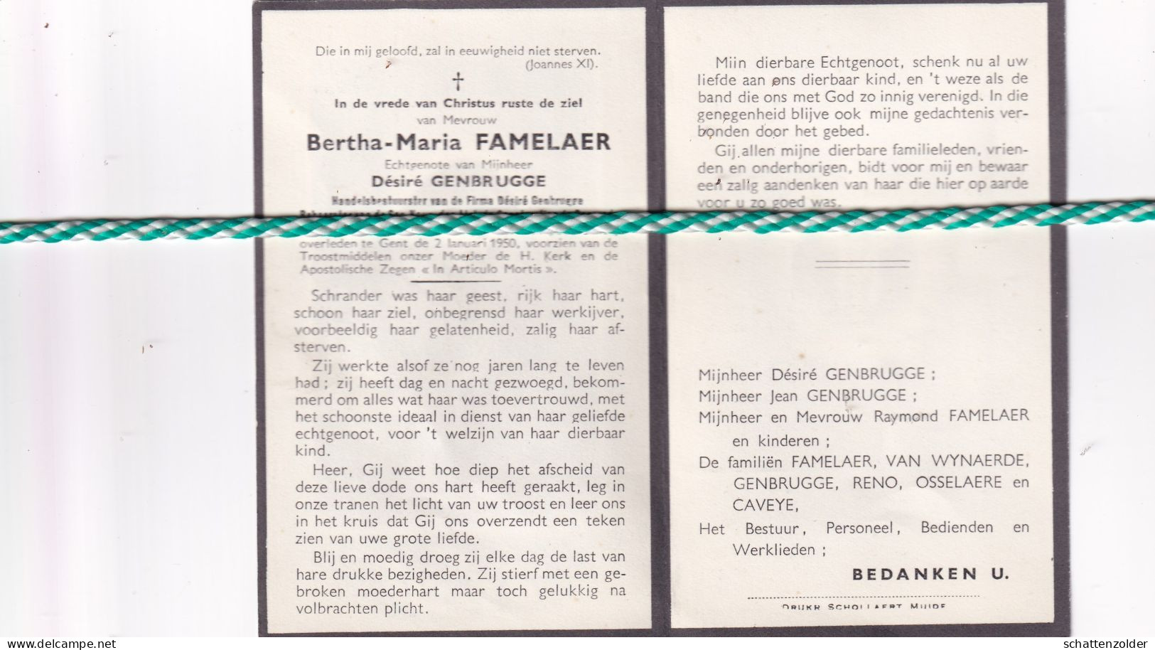 Bertha Maria Famelaer-Genbrugge, Wetteren 1899, Gent 1950 - Obituary Notices