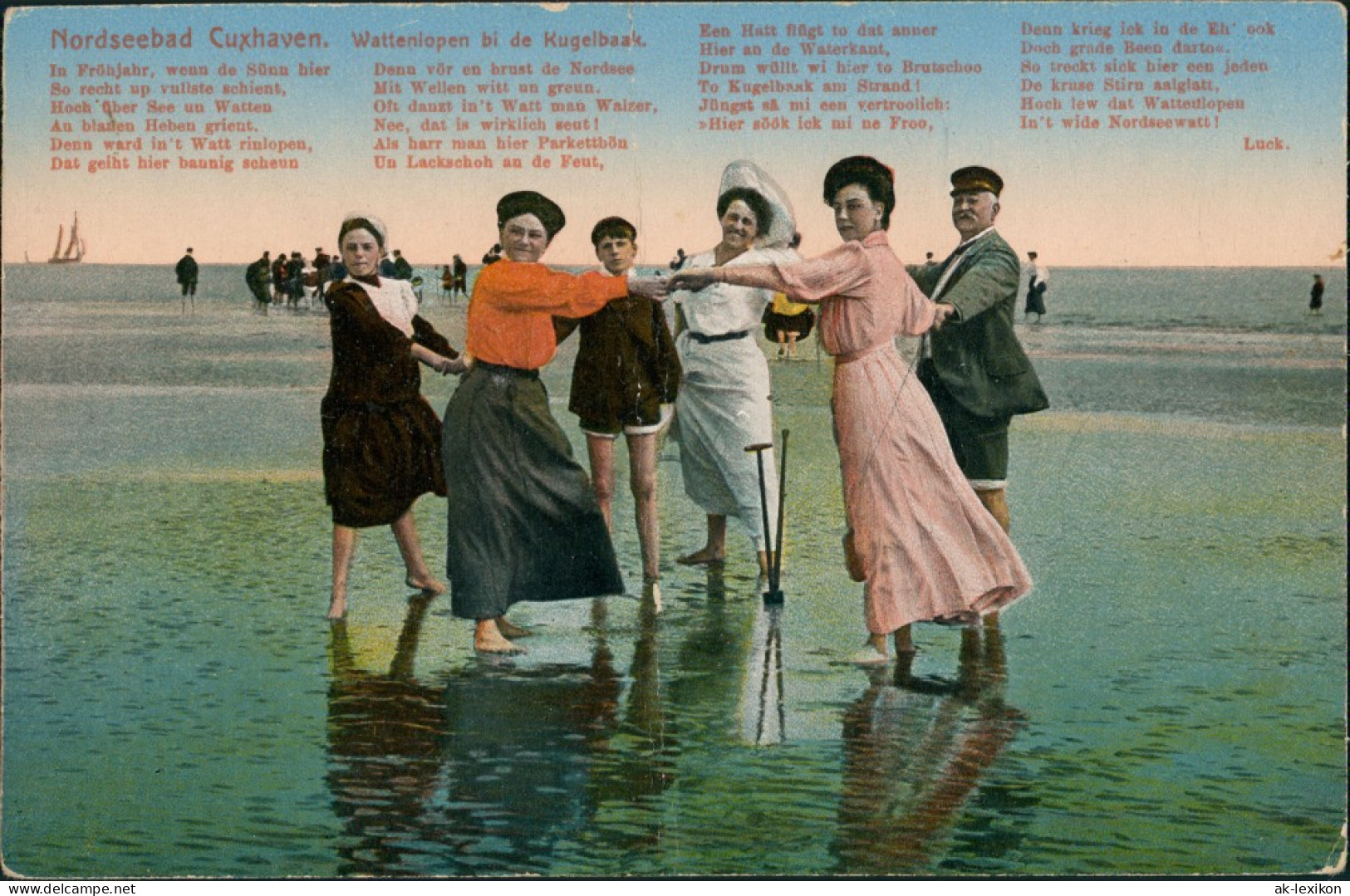 Ansichtskarte Cuxhaven Strand Wattläufer Gesellschaft "bi De Kugelbaak" 1910 - Cuxhaven