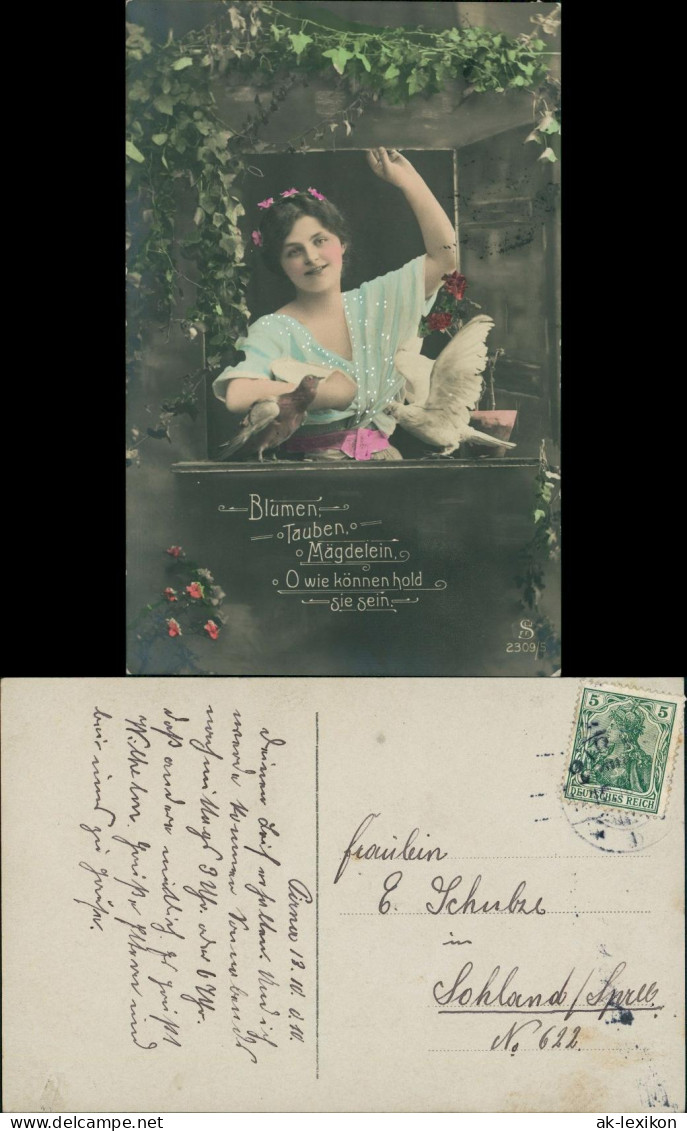 Ansichtskarte  Fotokunst Magd Mägdelein Mit Blumen & Tauben 1910 - Personajes