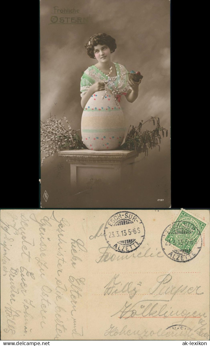 Ansichtskarte  Glückwunsch Ostern Oster-Karte Frau Mit Großem Osterei 1913 - Ostern